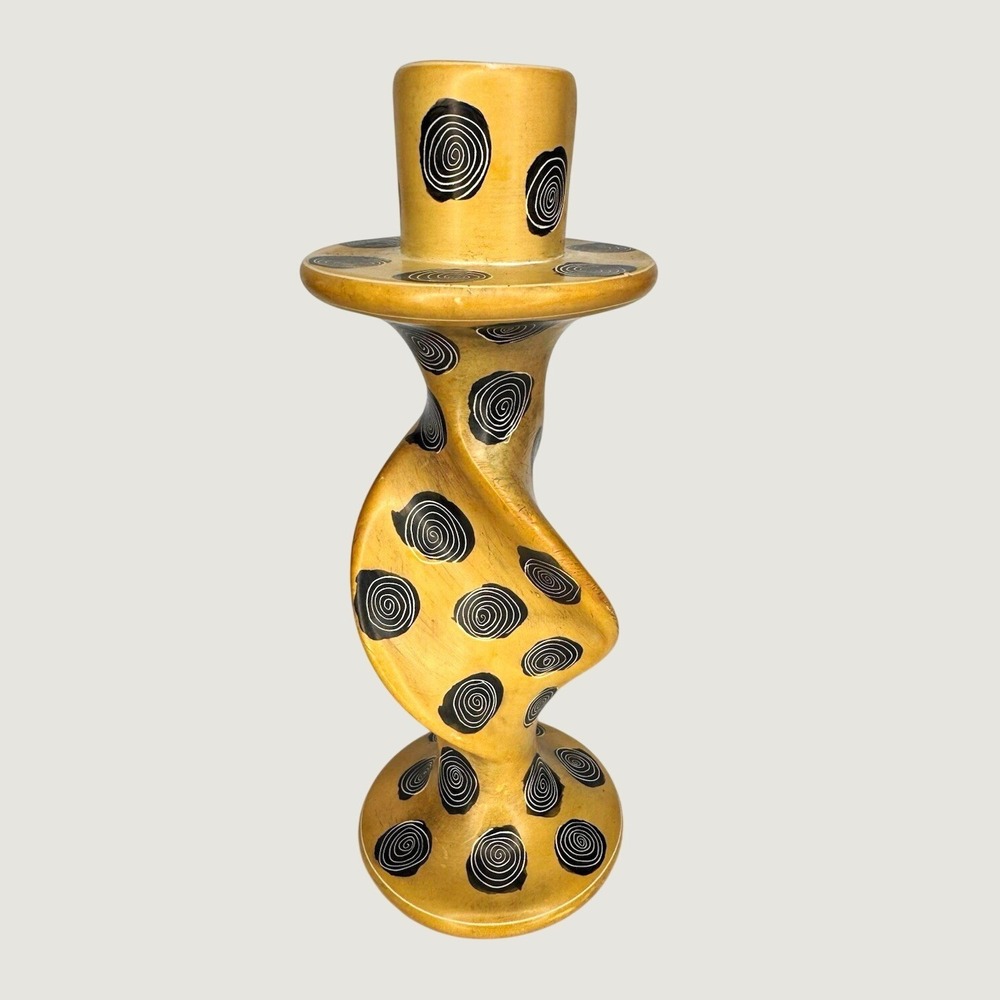 Beige Black Tribal Ceramic Twisted Spiral Candle Holder 7in Glazed Free Standing